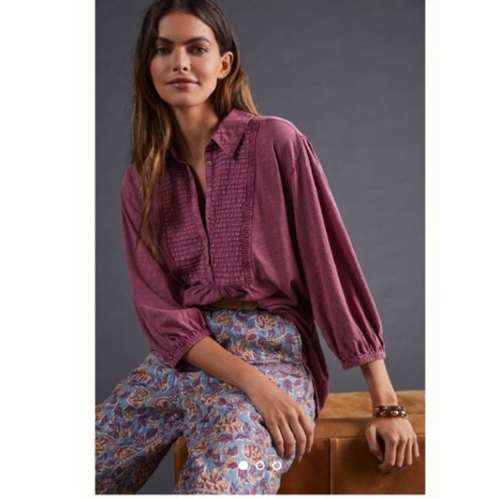 Anthropologie PILCRO Pintuck Distressed Strawberry Peasant Top‎ Cotton SMALL